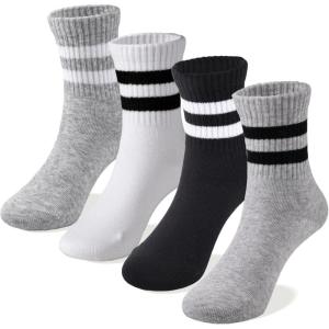 imageCOTTON DAY Unisex School Kids Boys Girls Soft Cotton Black White Gray Navy Khaki Athletic Socks with Retro StripesBlack Gray White Socks