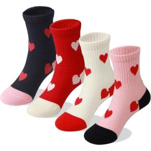 imageCOTTON DAY Kids Girls Pink White Crew Athletic Socks with Retro Stripes HeartsAllover Hearts