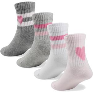 imageCOTTON DAY Kids Girls Pink White Crew Athletic Socks with Retro Stripes HeartsHearts Stripes