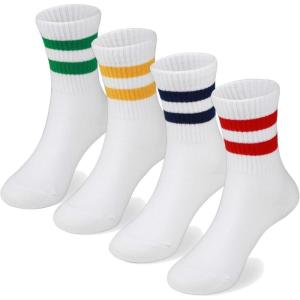 imageCOTTON DAY Kids Girls Pink White Crew Athletic Socks with Retro Stripes HeartsRed Blue Green Yellow Stripes