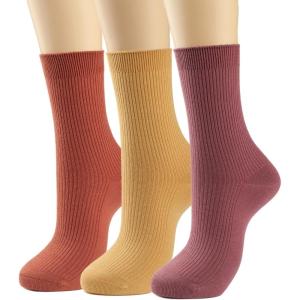 imageCOTTON DAY Womens Combed Cotton Colored Fine Ribbed Trouser Dress Socks Beige Denim Blue Purple 3 PackMauveMustardRust