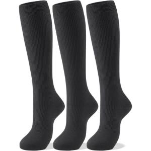 imageCOTTON DAY Womens Soft Combed Cotton Knee High Long Calf Dress Socks Seamless Toe Black White Gray Navy Blue BrownRibbed Black