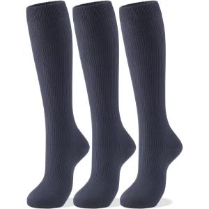 imageCOTTON DAY Womens Soft Combed Cotton Knee High Long Calf Dress Socks Seamless Toe Black White Gray Navy Blue BrownRibbed Navy Blue