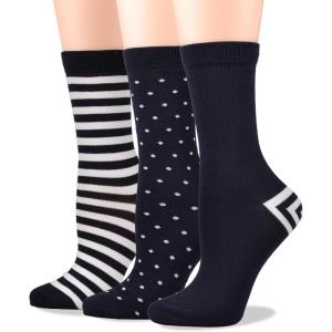 imageCOTTON DAY Womens Soft Combed Cotton Dress Socks Seamless Toe Black White Gray Navy Blue Brown BeigeDark Navy Socks With Stripes Spots Pattern
