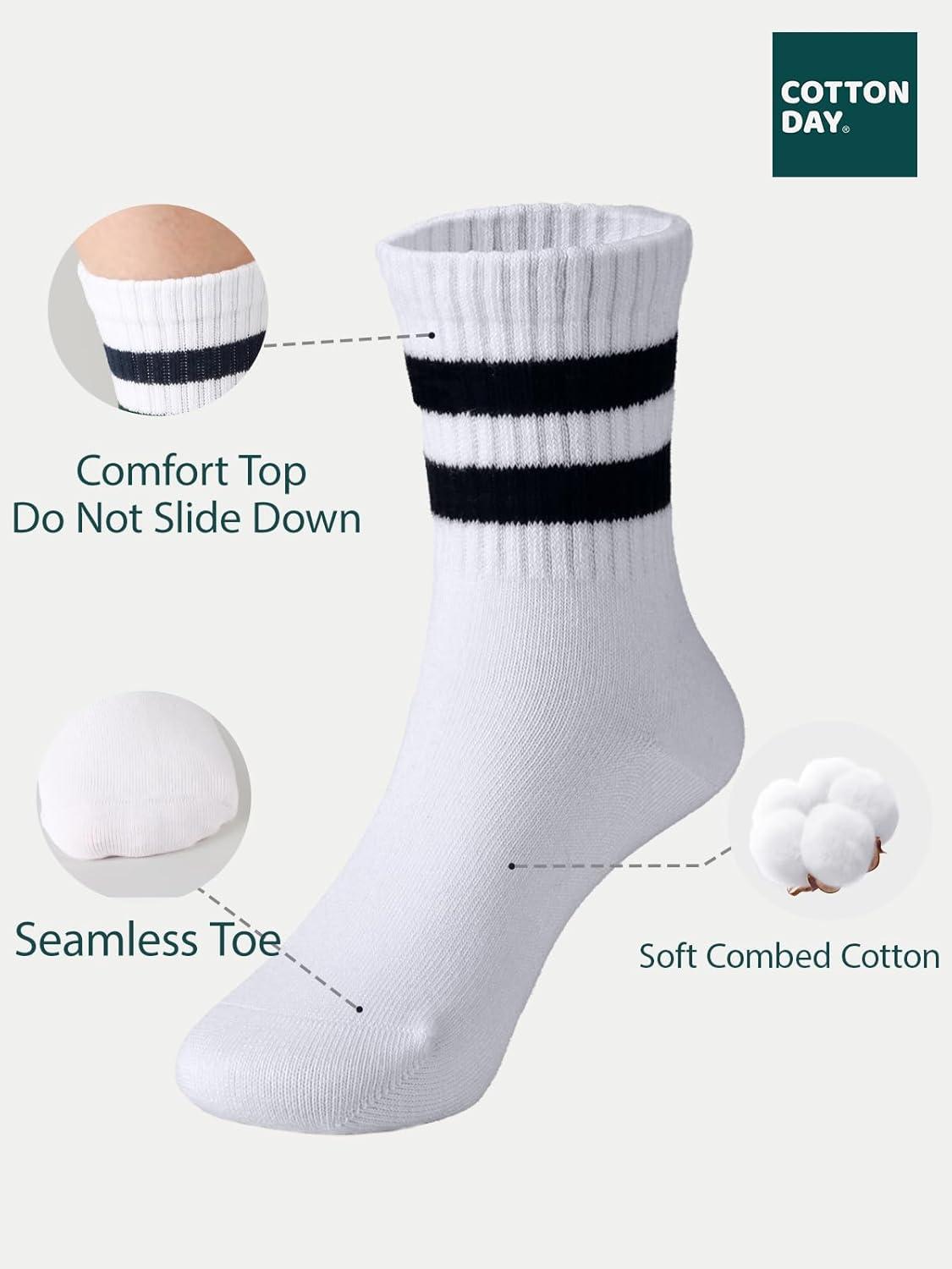 imageCOTTON DAY Unisex School Kids Boys Girls Soft Cotton Black White Gray Navy Khaki Athletic Socks with Retro StripesBlack Gray Stripes