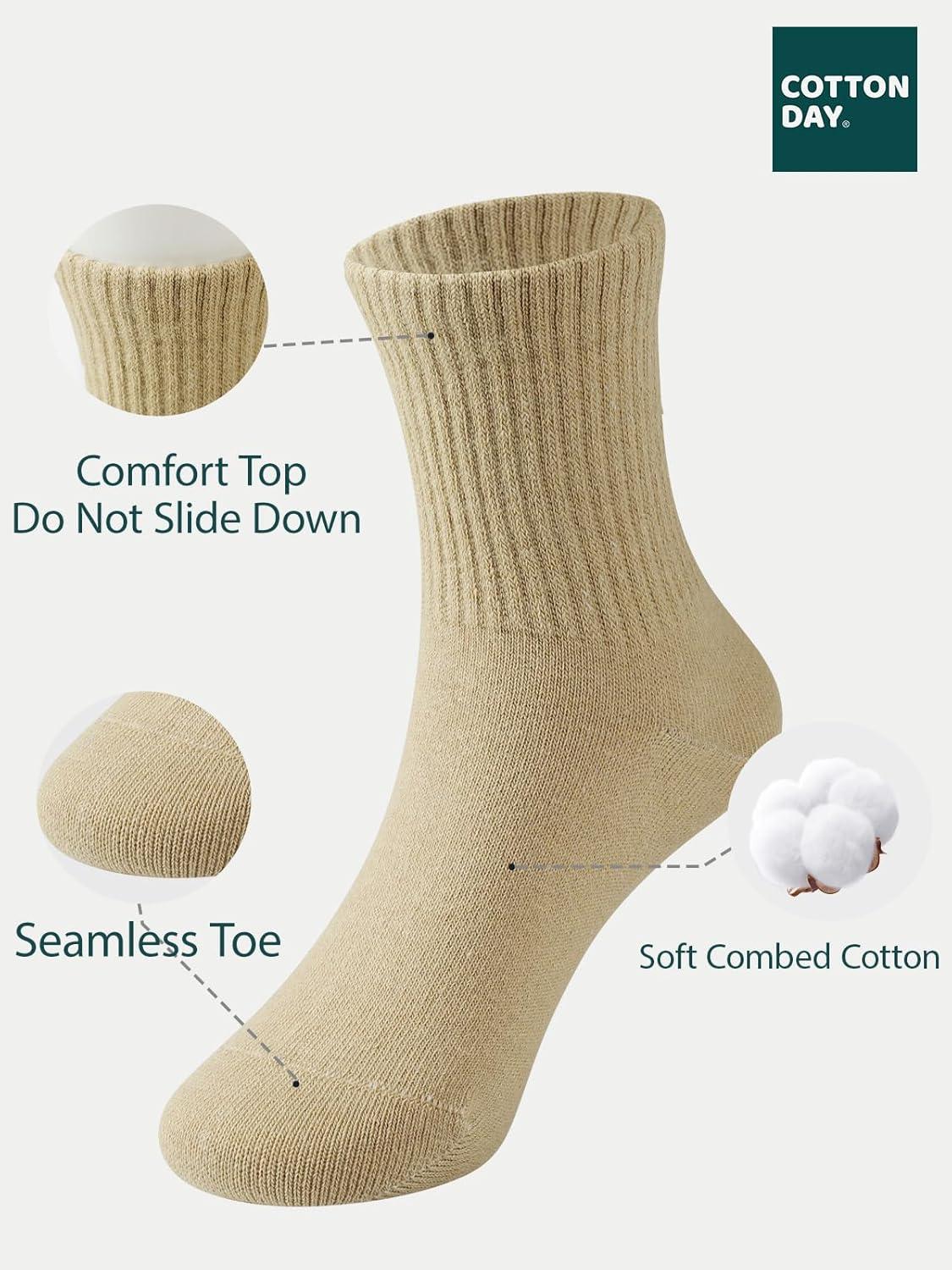 imageCOTTON DAY Unisex School Kids Boys Girls Soft Cotton Black White Gray Navy Khaki Athletic Socks with Retro StripesKhaki