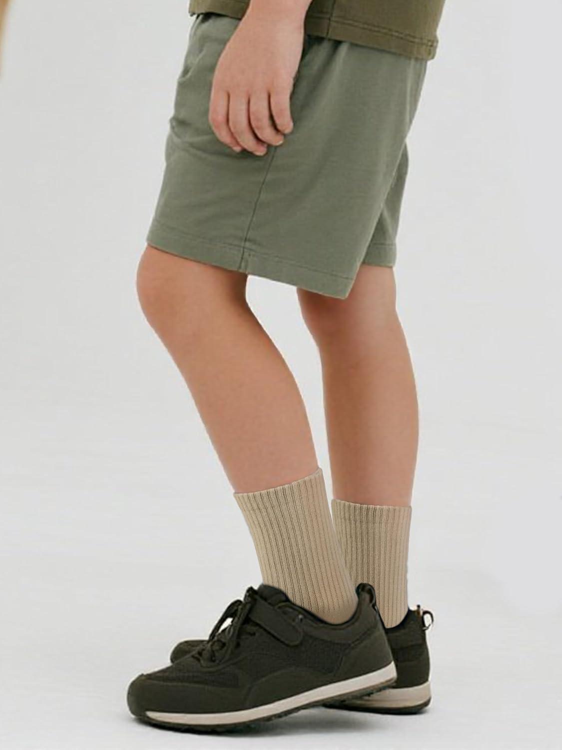 imageCOTTON DAY Unisex School Kids Boys Girls Soft Cotton Black White Gray Navy Khaki Athletic Socks with Retro StripesKhaki