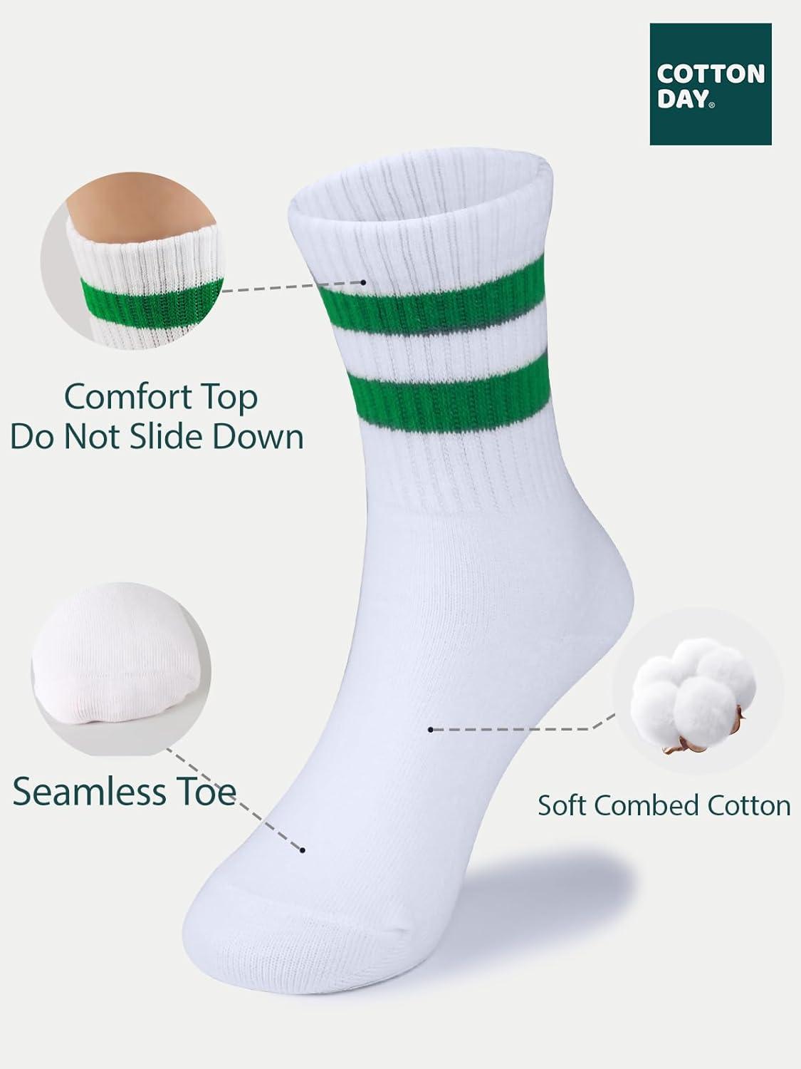 imageCOTTON DAY Unisex School Kids Boys Girls Soft Cotton Black White Gray Navy Khaki Athletic Socks with Retro StripesRed Blue Green Yellow Stripes