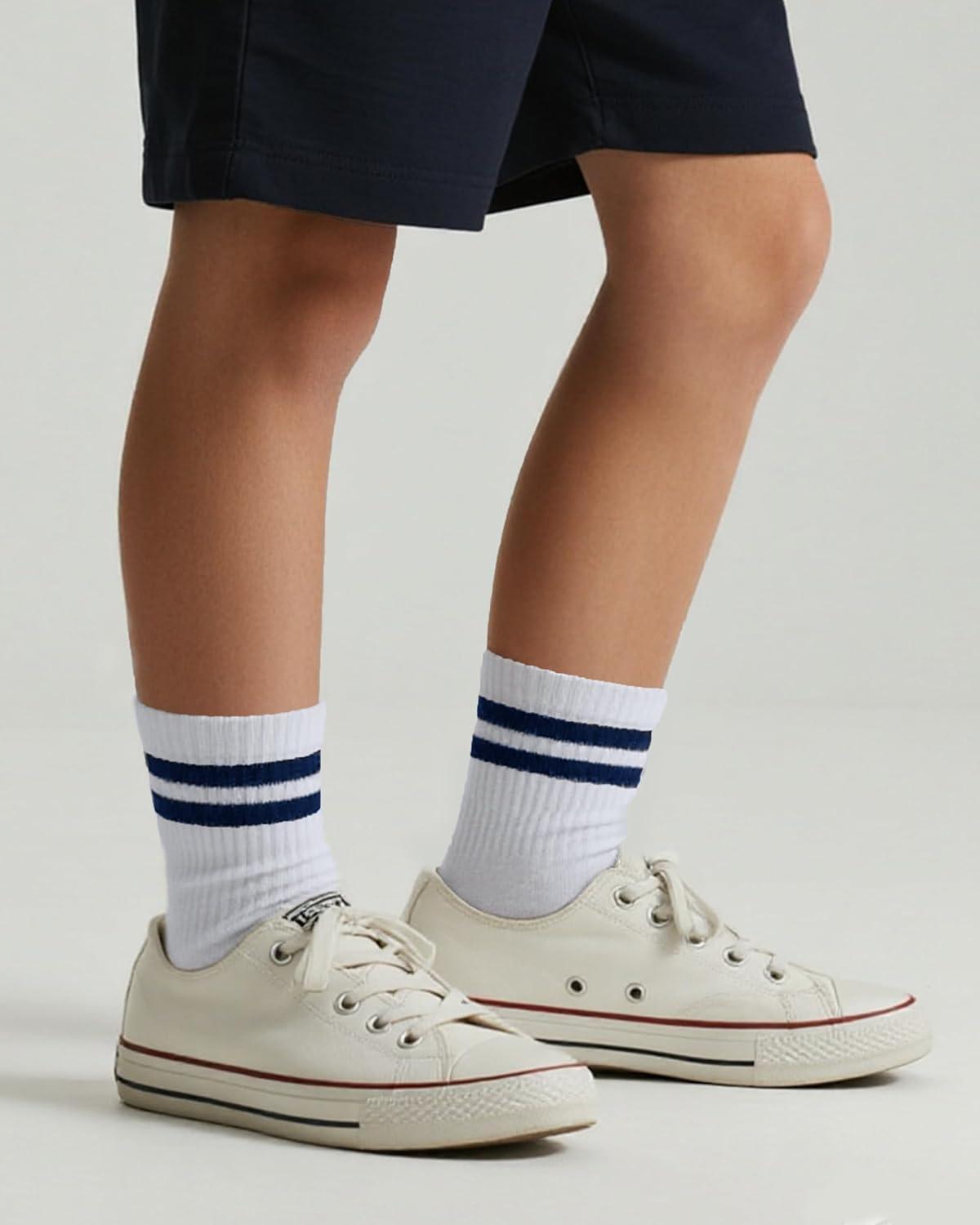 imageCOTTON DAY Unisex School Kids Boys Girls Soft Cotton Black White Gray Navy Khaki Athletic Socks with Retro StripesRed Blue Green Yellow Stripes