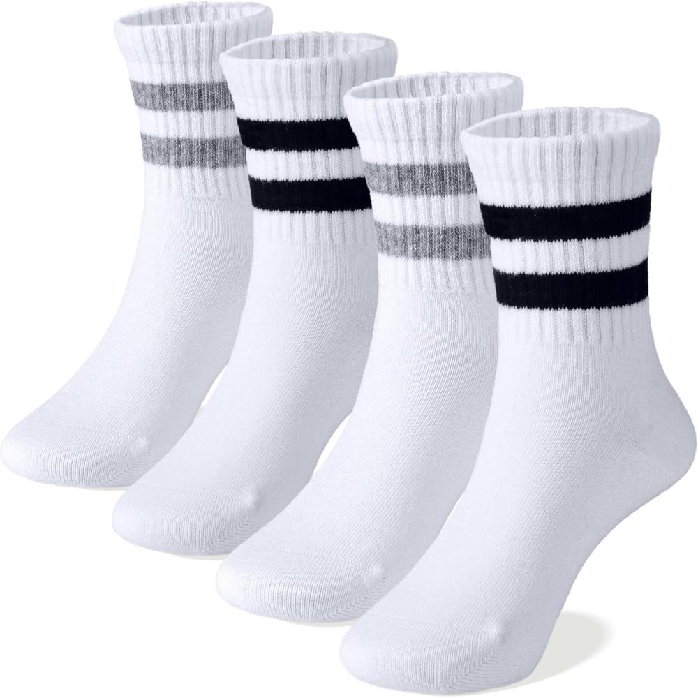 imageCOTTON DAY Unisex School Kids Boys Girls Soft Cotton Black White Gray Navy Khaki Athletic Socks with Retro StripesBlack Gray Stripes