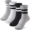 imageCOTTON DAY Unisex School Kids Boys Girls Soft Cotton Black White Gray Navy Khaki Athletic Socks with Retro StripesBlack Gray White Socks