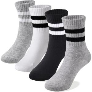 imageCOTTON DAY Unisex School Kids Boys Girls Soft Cotton Black White Gray Navy Khaki Athletic Socks with Retro StripesBlack Gray White Socks