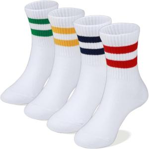 imageCOTTON DAY Unisex School Kids Boys Girls Soft Cotton Black White Gray Navy Khaki Athletic Socks with Retro StripesRed Blue Green Yellow Stripes