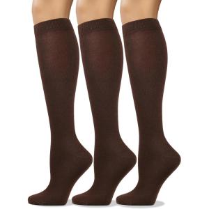 imageCOTTON DAY Womens Soft Combed Cotton Knee High Long Calf Dress Socks Seamless Toe Black White Gray Navy Blue BrownPlain Brown Cocoa
