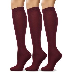 imageCOTTON DAY Womens Soft Combed Cotton Knee High Long Calf Dress Socks Seamless Toe Black White Gray Navy Blue BrownPlain Burgundy