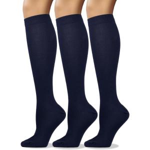 imageCOTTON DAY Womens Soft Combed Cotton Knee High Long Calf Dress Socks Seamless Toe Black White Gray Navy Blue BrownPlain Navy Blue