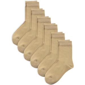image:imageCOTTON DAY Unisex Little Kids Youth Boys Girls Soft Cotton Crew Dress Socks Seamless Toe Black White Gray Navy 6 PackKhaki