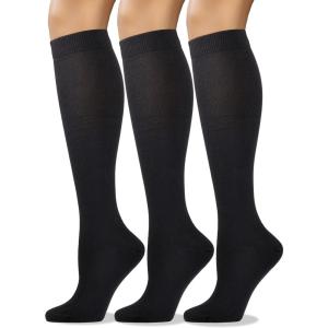 image:imageCOTTON DAY Womens Soft Combed Cotton Knee High Long Calf Dress Socks Seamless Toe Black White Gray Navy Blue Brown 3 PackBlack