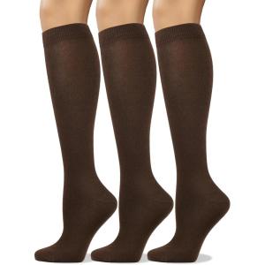 image:imageCOTTON DAY Womens Soft Combed Cotton Knee High Long Calf Dress Socks Seamless Toe Black White Gray Navy Blue Brown 3 PackCocoa