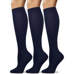 image:imageCOTTON DAY Womens Soft Combed Cotton Knee High Long Calf Dress Socks Seamless Toe Black White Gray Navy Blue Brown 3 PackNavy Blue
